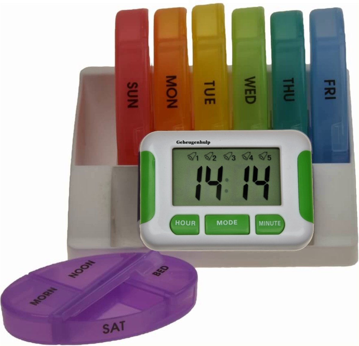 Medicijnweeklader- medicijnalarm 5 alarmen- 7 gekleurde medicijndoosjes