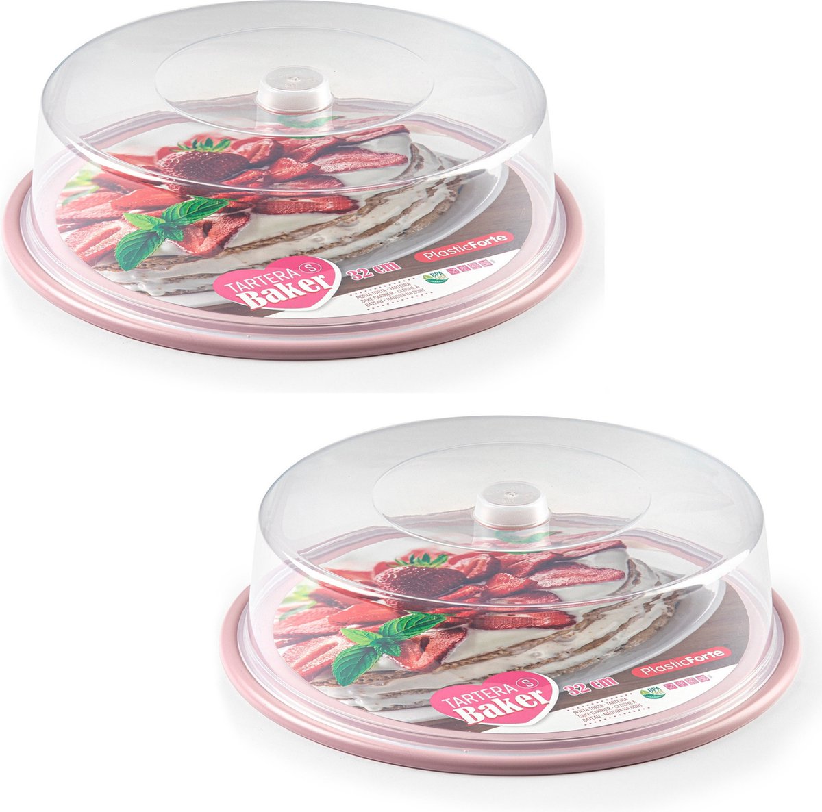 2x stuks ronde taart/gebak bewaardoos transparant 32 x 9,5 cm met roze bodem - Taart bewaren/serveren in box/doos