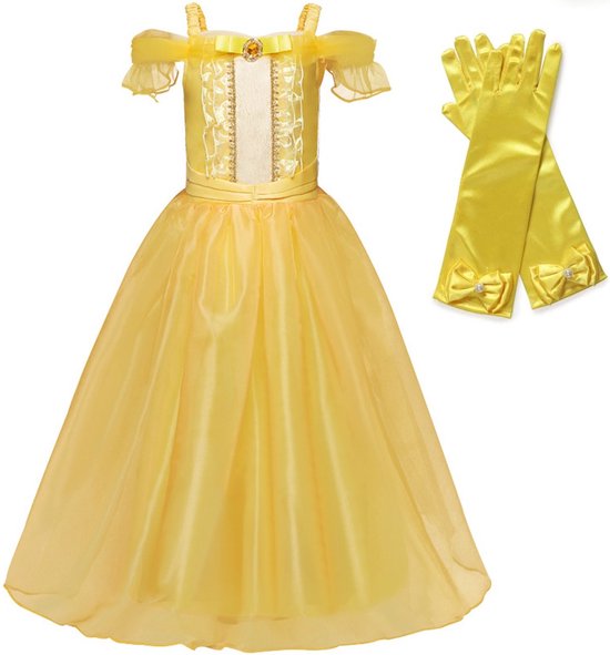Belle jurk Prinsessen jurk verkleedjurk Luxe geel + GRATIS handschoenen verkleedkleding