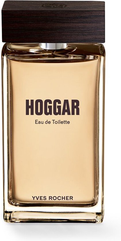 Rechthoekige HOGGAR Eau de Toilette fles met oranje vloeistof en donker houten dop, op witte achtergrond.