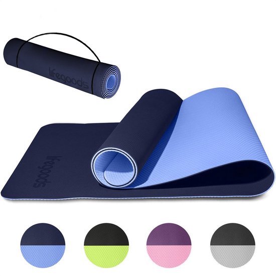 LifeGoods Yogamat - 61x183x0,6cm - Draagriem - Extra Dik - Blauw