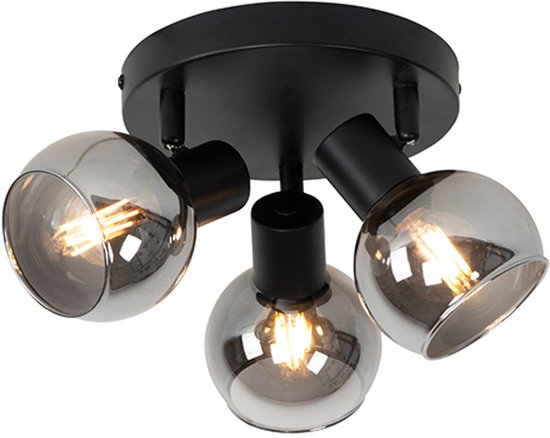 Zwarte plafondlamp met 3 spots, elk met een glimmende, grijze kogelvormige kap.