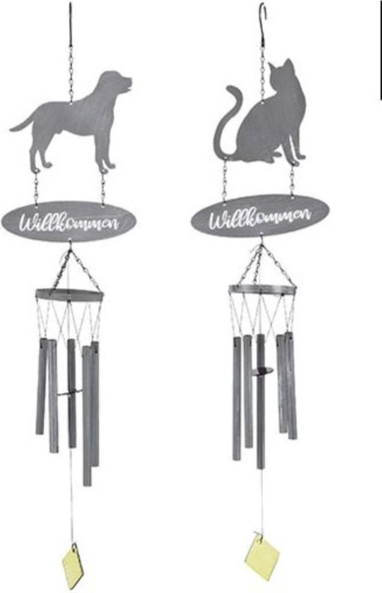 J design Set van 2 Windchime grijs hond,kat Willkommen L20 x B1.2 x H90cm