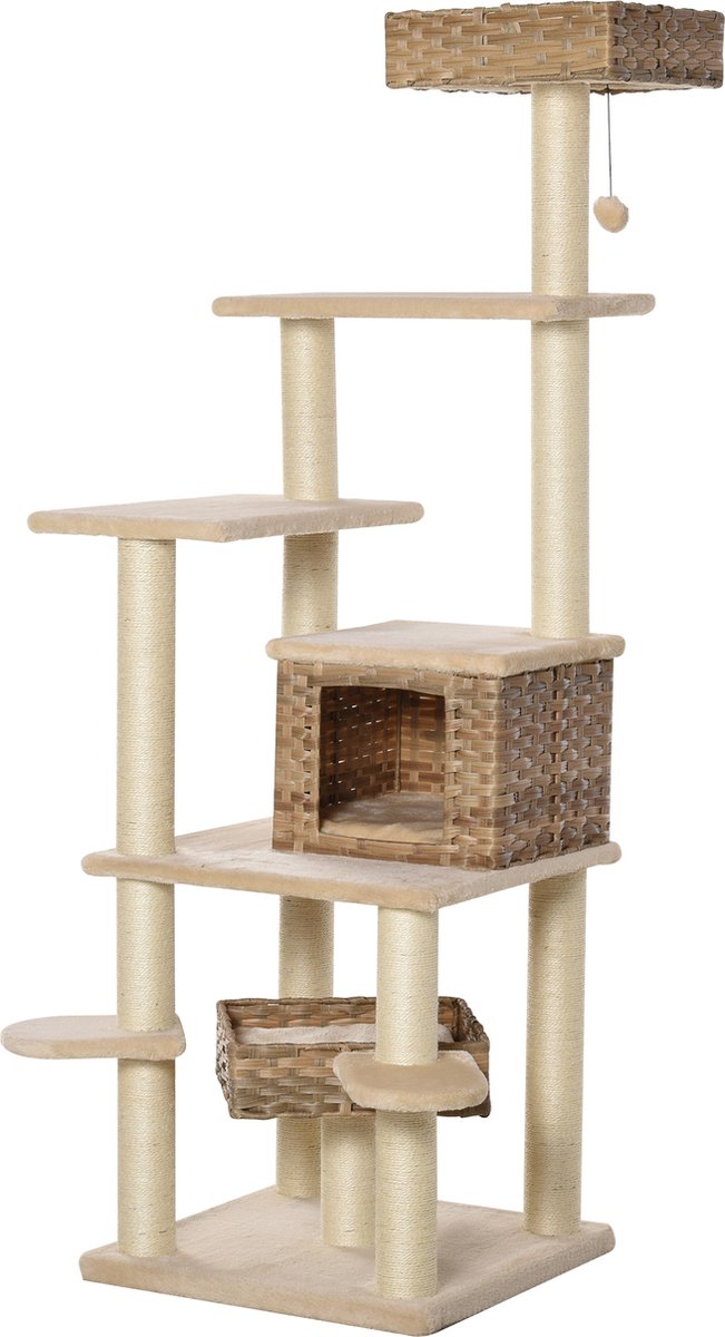 PawHut Krabpaal met kattengrot rotan kattenboom met meerdere verdiepingen voor katten beige + bruin D30-377