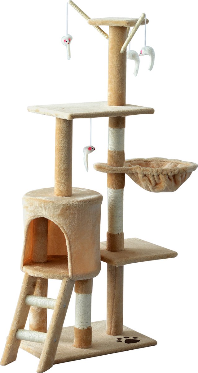 PawHut Kattenboom krabboom 4 speelgoed kattenkrabpaal klimboom katten trap beige D30-166