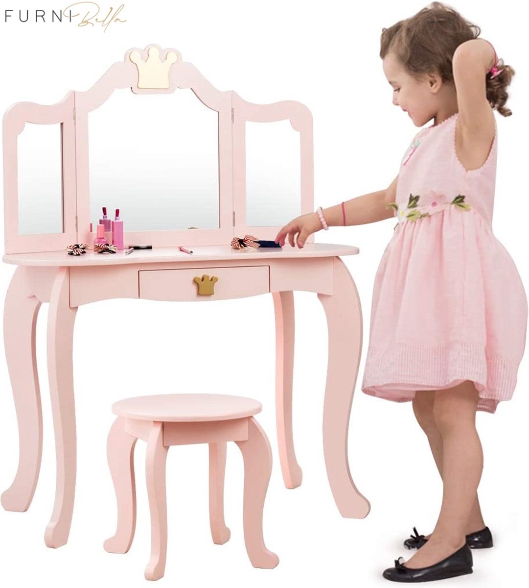 FURNIBELLA - Kinderen ijdelheid tafel en stoel Set, Princess make-up  kaptafel met lade... | bol.com