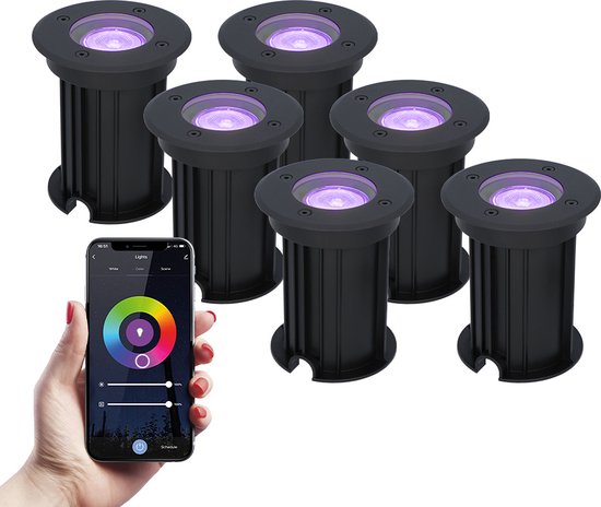 HOFTRONIC™ 6x Maisy dimbare LED grondspot - Rond - Zwart - RGBWW - 5.5 Watt - WiFi & Bluetooth - IP67 straal waterdicht - 3 jaar garantie