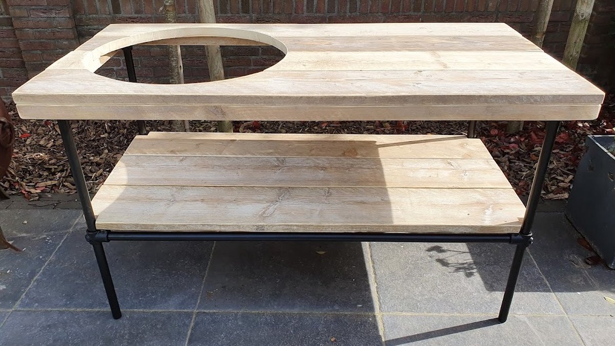 Buitenkeuken Kamado | 140x70cm | Gat 58cm | Zwart Staal en Hout | BBQ Tafel | Barbecue | Big Green Egg