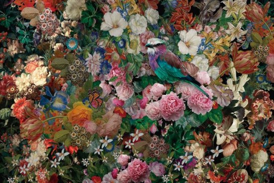 Glasschilderij Dieren -Bloemen met Vogel - Rood, Roze, Blauw, Bruin ,Wit - Bloemen - Vogel- 80x120 - Fotokunst -