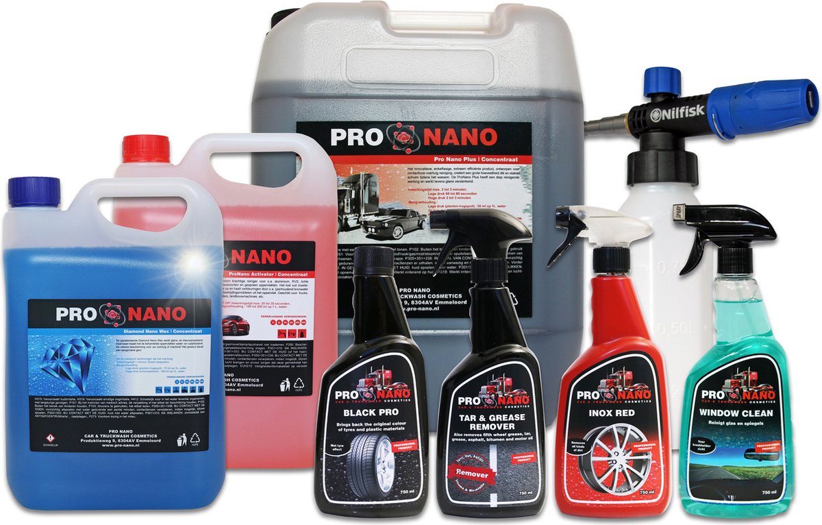 ProNano | Pro Nano Truck Pack Pro | Incl. Schuimpistool | 20 liter ProNano Plus | 5 liter ProNano Diamond Nano Wax | 5 liter ProNano Activator | 1x ProNano Teer & Vet | 1x ProNano Inox Red | 1x ProNano Black Pro | 1x ProNano Window Clean