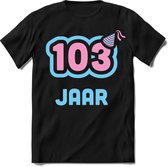 103 Jaar Feest kado T-Shirt Heren / Dames - Perfect Verjaardag Cadeau Shirt - Licht Blauw / Licht Roze - Maat S