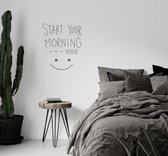 Stickerheld - Muursticker "Start your morning with a smile" Quote - Slaapkamer - inspirerend - Engelse Teksten - Mat Donkergrijs - 49.1x41.3cm