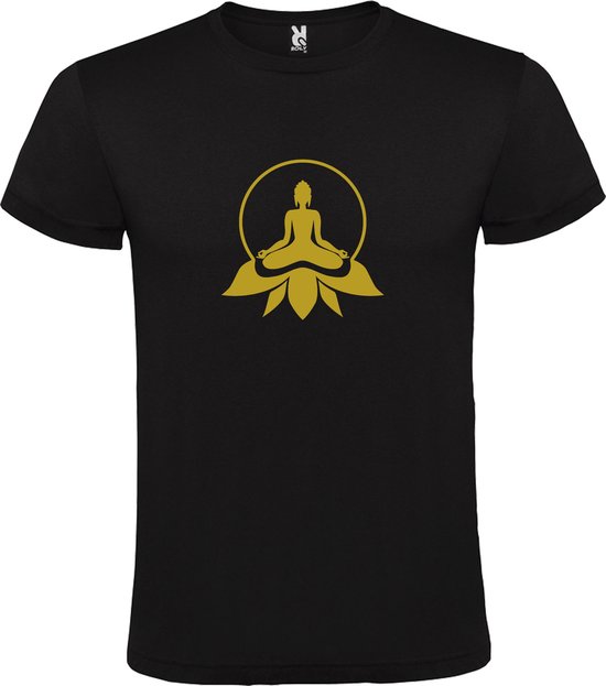 Zwart T shirt met print van " Boeddha in cirkel op lotusbloem " print Goud size XS