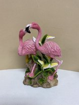 Flamingo's "bloemen" set van 2 stuks aan elkaar - polyresin - roze - hoogte 21x16x12 cm - Woonaccesoires - Woondecoratie - Beeldjes