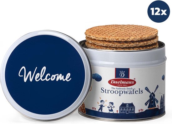 Stroopwafel Cadeau Blik 'Welcome' - Doos met 12 blikjes - 230 gram per blik - 8 Stroopwafels per blik (96 Koeken )