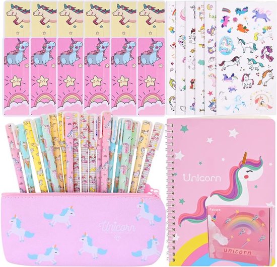 Unicorn Tekenset - 40 stuks Schrijfwaren, Geschenkset met Bladwijzer, 3D-stickers, Gelstiften, Doosje, Eenhoorn notitieboeken, Pennen, Cadeautjes, voor meisjes vanaf 5 jaar