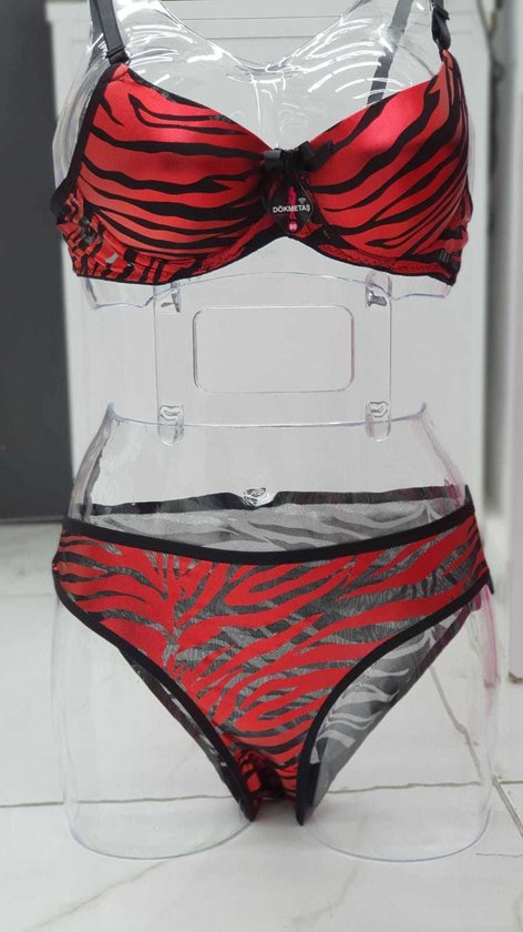 Lingerie set 2-delig- Push up Beha set- Voorgevormde Beugel lingerie Set- Bikini (Doorzichtige Sexy Slip) Rood Zebraprint- Maat 80B