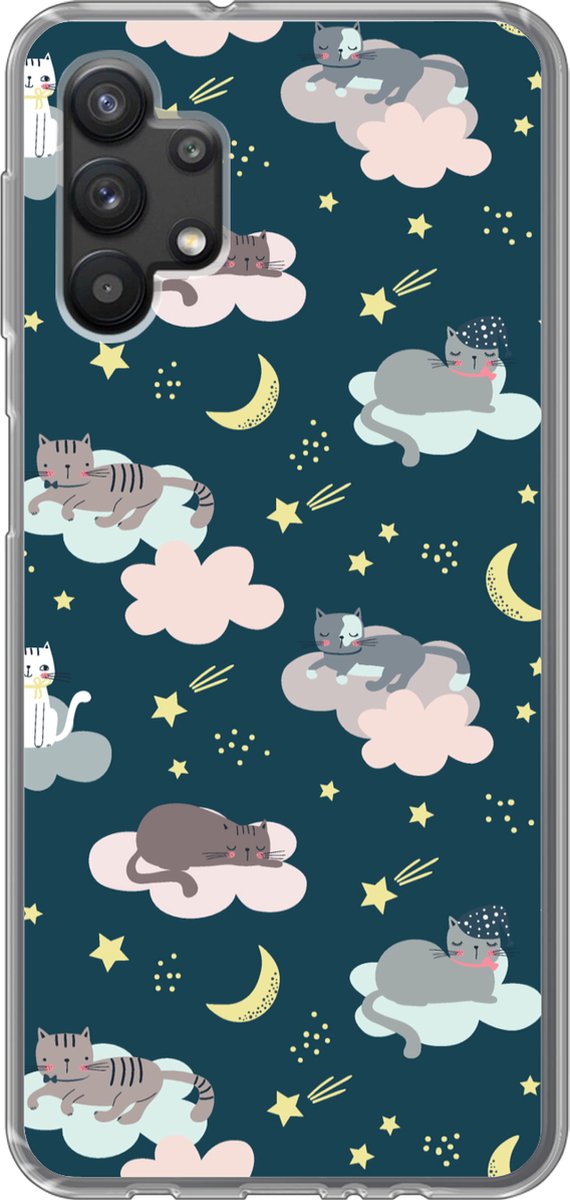 Telefoonhoesje Geschikt voor Samsung Galaxy A32 5G hoesje - Patronen - Kat - Maan - Jongens - Meisjes - Kinderen - Kind - Siliconen Telefoonhoesje Telefoonhoesje