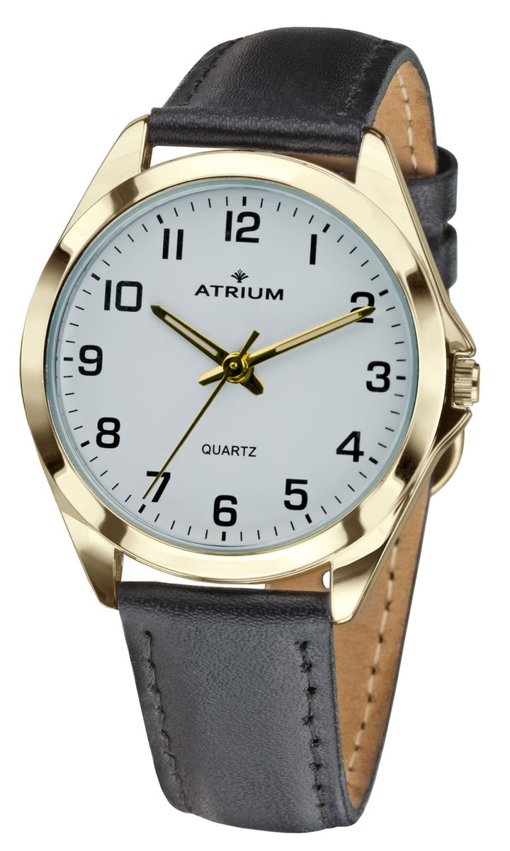 ATRIUM - Horloge - Heren -Goud - Analoog - Leer Zwart - Lederen Bandje - Verstelbaar - Duidelijk - Quartz uurwerk - Edelstalen sluiting - A10-20