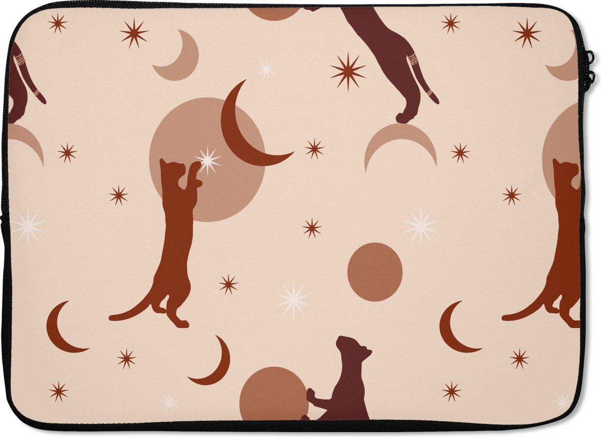 Laptophoes 14 inch - Patronen - Kat - Maan - Pastel - Meisjes - Kinderen - Kids - Laptop sleeve - Binnenmaat 33x23 cm - Zwarte achterkant