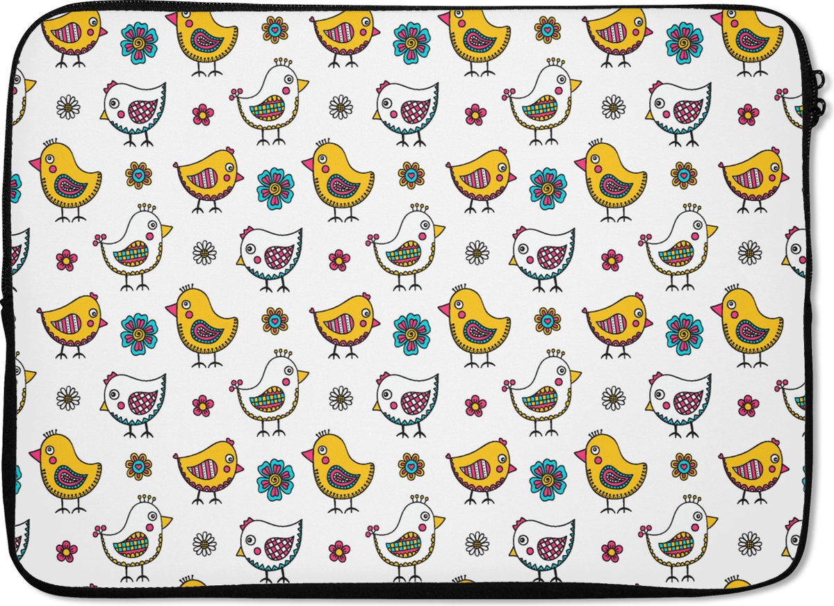 Laptophoes 14 inch - Kip - Bloemen - Lente - Patronen - Kinderen - Laptop sleeve - Binnenmaat 33x23 cm - Zwarte achterkant