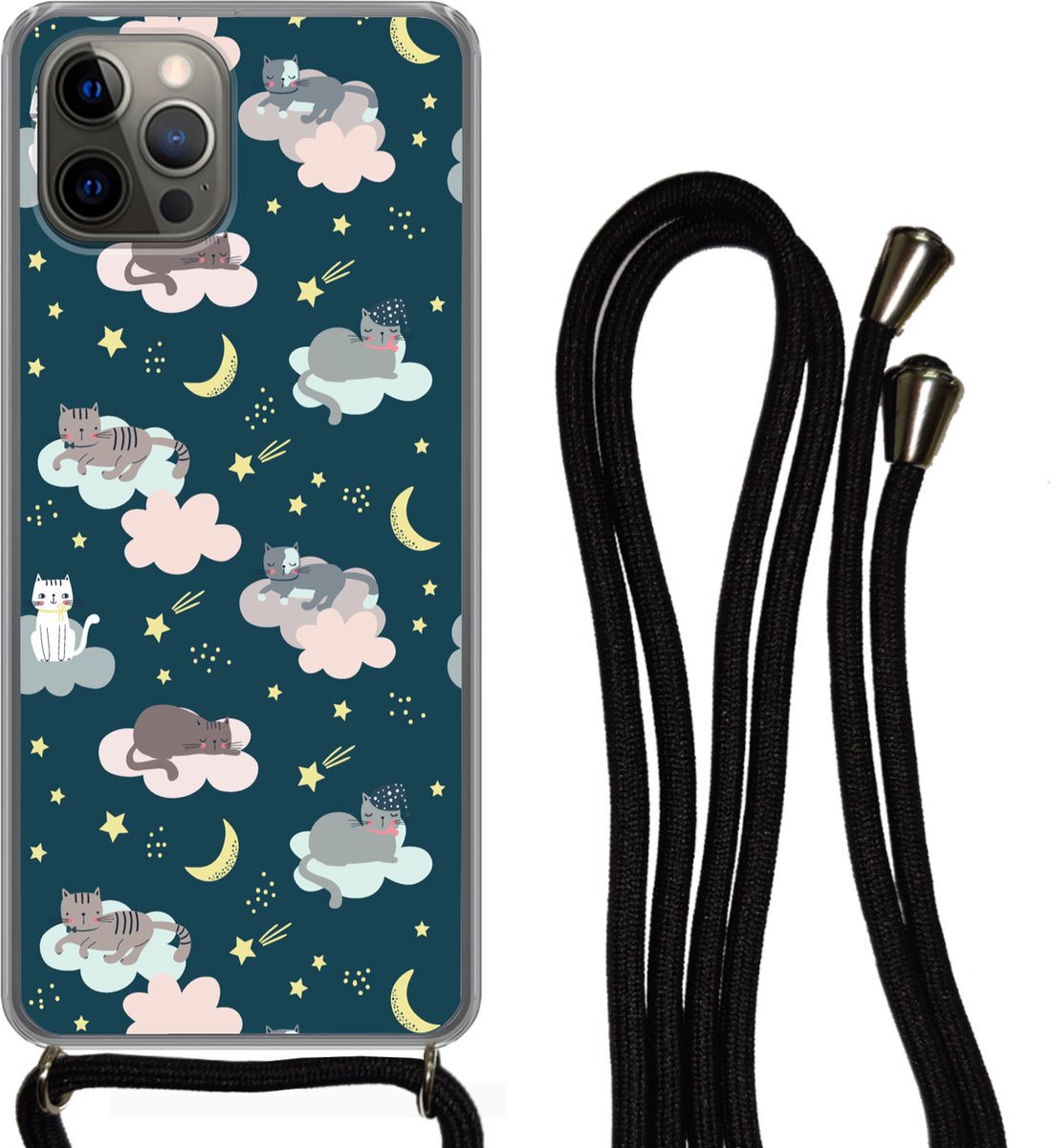 Telefoonhoesje Geschikt voor iPhone 13 Pro Max - Patronen - Kat - Maan - Jongens - Meisjes - Kinderen - Kind - Siliconen - Crossbody - Backcover met Koord - Telefoonhoesje met koord - Hoesje met touw Telefoonhoesje
