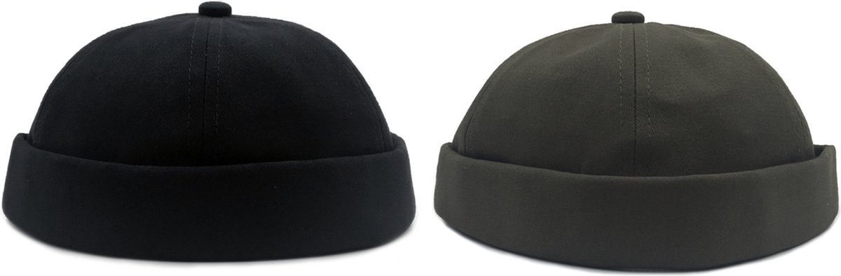 ASTRADAVI Docker Beanie Caps - Katoenen Zeemansmuts - Retro Hip Hoeden voor Dames Heren - Uniseks Vissers Muts. 2-Set Zwart, Legergroen (2 Stuks)