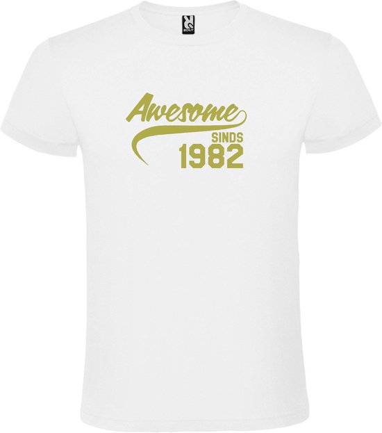 Wit T-shirt ‘Awesome Sinds 1982’ Goud Maat 3XL
