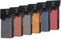 Six étuis portefeuille MobyDefend de différentes couleurs : noir, marron, gris, jaune, bleu et rouge.