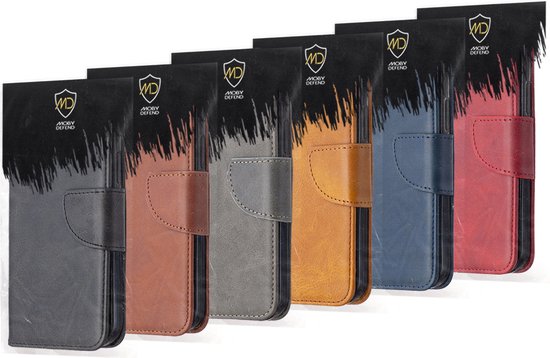 Six étuis portefeuille MobyDefend de différentes couleurs : noir, marron, gris, jaune, bleu et rouge.
