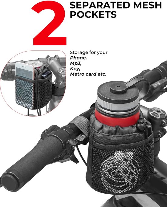 Fiets beker houder - Fiets Waterfles - Drinkfles - houder Stuur Bekerhouder met Mesh Zakken Telefoon tas voor Cruiser, Mountainbike, Scooter, Vouwen, Racefiets, Rolstoel - LB-546 — afbeelding 3