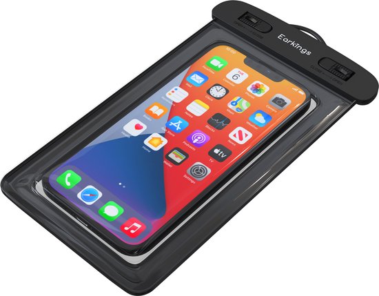 Zwarte waterdichte telefoonhoes met telefoon erin, gesloten met zwarte sluiting.
