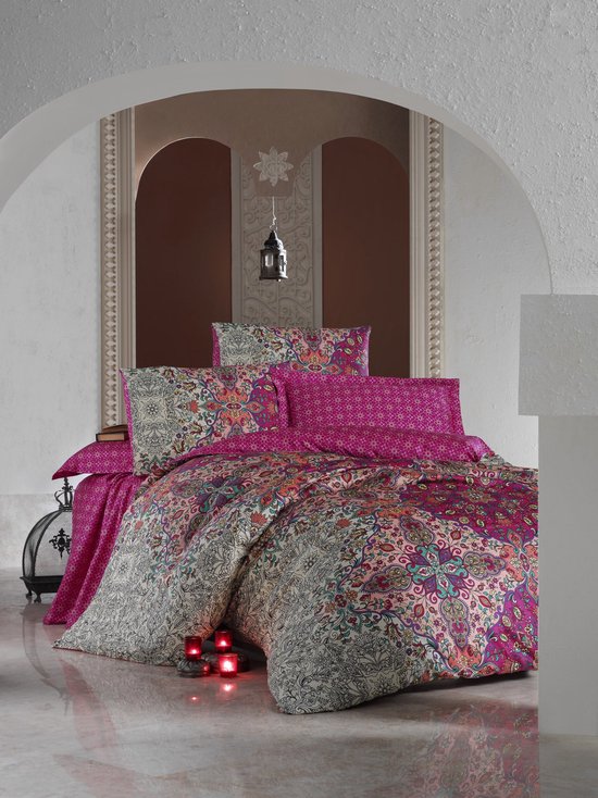 Saten Line ensemble housse de couette 2 personnes 200x220cm satin avec drap et 4 taies d'oreiller tugba fuchsia
