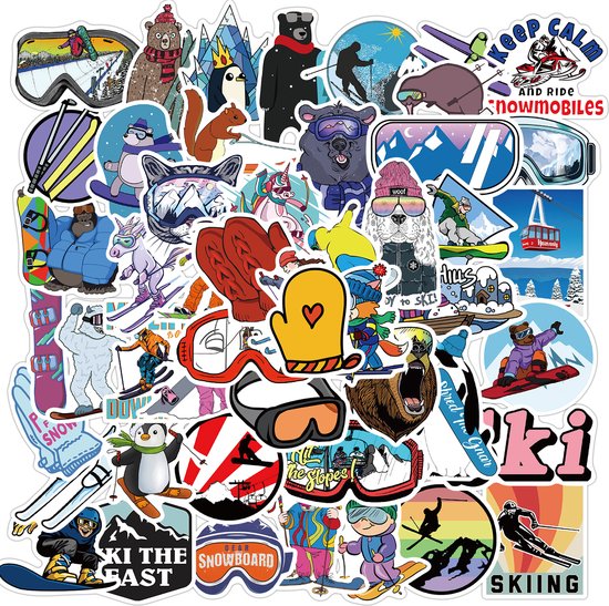 Wintersport Ski & Snowboard Stickers - Sneeuwpret - set 50 stuks - Laptop Stickers - Stickervellen - van Theo
