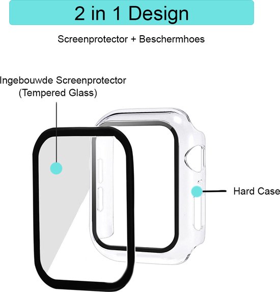 Componenten van 2-in-1 Apple Watch hoes: screenprotector (gehard glas) en harde hoes.
