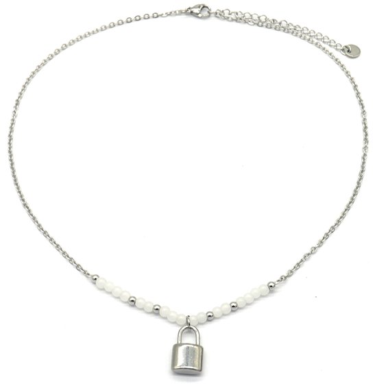 Ketting Glaskralen en Hangslot - RVS - Lengte 39-44 cm - Zilverkleurig