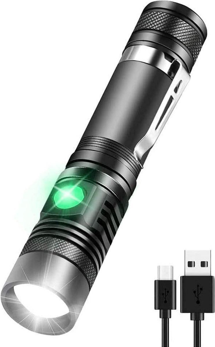HYKS Zaklamp - Zaklantaarn - Militaire zaklamp - Life hammer - Outdoor - Beveiliging - Kamperen - LED - USB - Accu - Dimbaar - Waterdicht