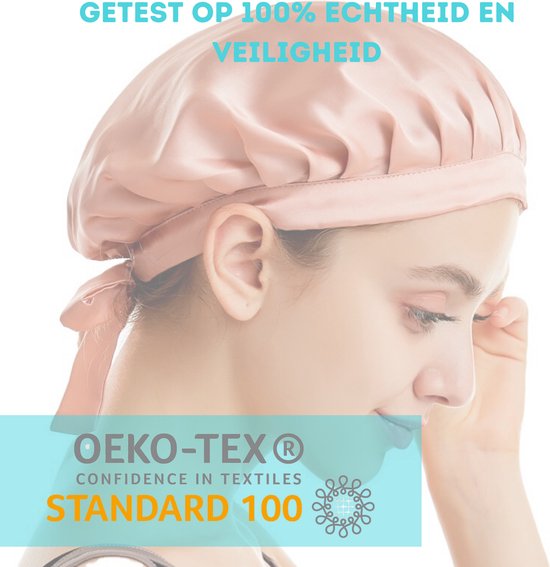 Zachtroze zijden slaapmuts met strik. Getest op 100% echtheid en veiligheid. OEKO-TEX Standard 100.