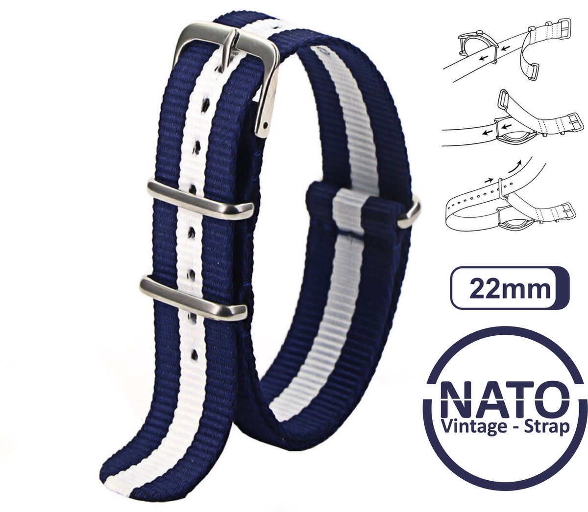 22mm Nato Strap Donkerblauw met Witte streep - Vintage James Bond - Nato Strap collectie - Mannen - Horlogebanden - Blue White Wit BLauw- 22 mm bandbreedte voor oa. Seiko Rolex Omega Casio en Citizen