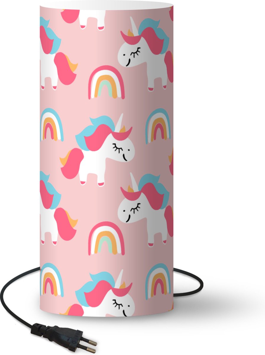 Lamp - Nachtlampje - Tafellamp slaapkamer - Unicorn - Regenboog - Roze - Patroon - 54 cm hoog - Ø22.9 cm - Inclusief LED lamp
