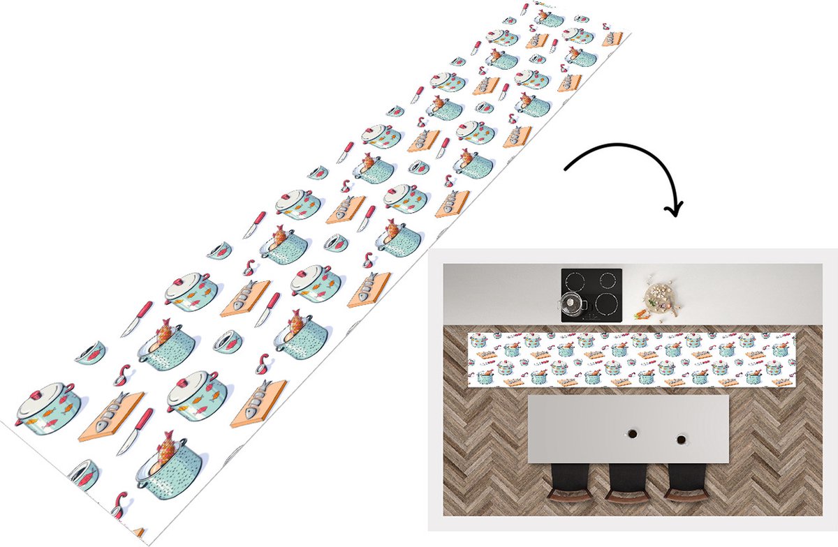 KitchenYeah Keukenloper - Keukenmat - Patronen - Koken - Eten - Vis - Pan - 360x60 cm - Keuken vloerkleed Multicolor