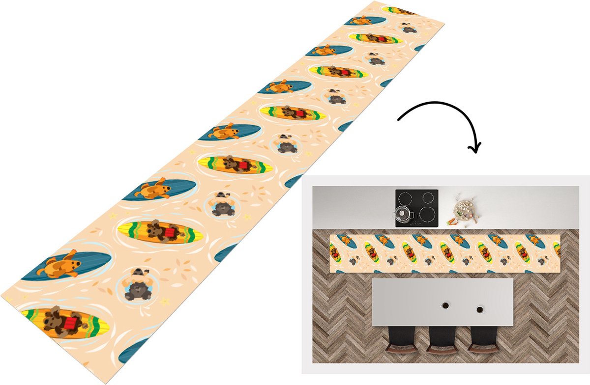 KitchenYeah Keukenloper - Keukenmat - Honden - Surfen - Patroon - Keuken vloerkleed Multicolor