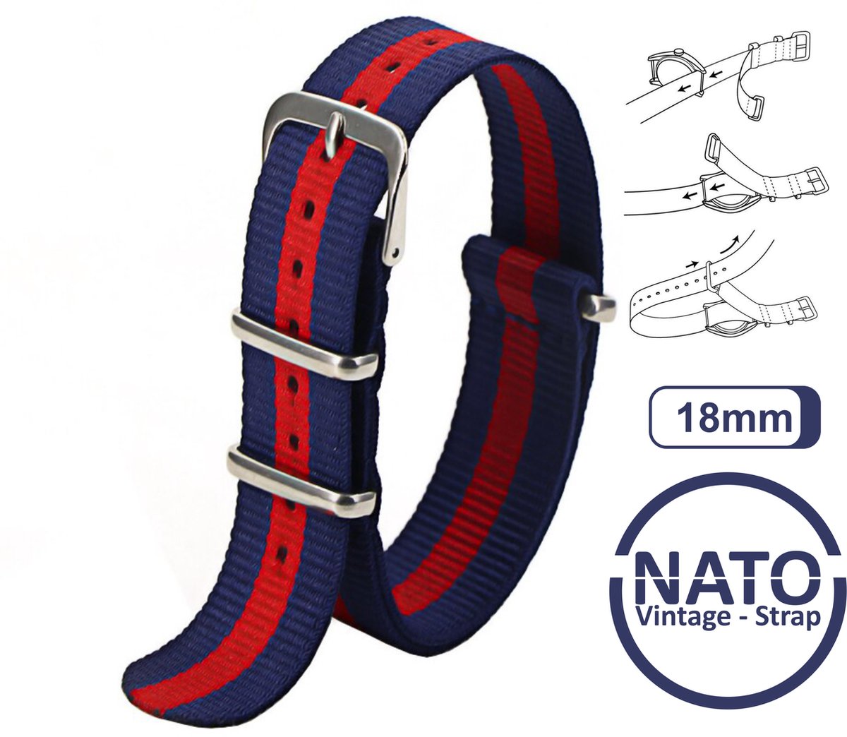 18mm Nato Strap Blauw met Rode streep - Vintage James Bond - Nato Strap collectie - Mannen - Horlogebanden - Blue Red - 18 mm bandbreedte voor oa. Seiko Rolex Omega Casio en Citizen