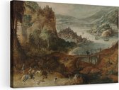 Artaza Peinture sur toile Paysage de rivière avec chasse au sanglier - Joos de Momper - 90x60 - Art - Impression sur toile