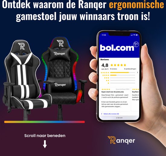 Ranqer Felix Gamestoel - Gaming Chair  / Gaming Stoel - Ergonomische Bureaustoel - Verstelbaar armleuningen - Wit / Grijs