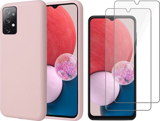 Coque Samsung Galaxy A13 4G - Coque Arrière Mat en Microfibre Siliconen Rose - 2x Protecteur d'écran en Tempered Glass Trempé