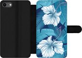 Bookcase Geschikt voor iPhone SE 2020 telefoonhoesje - Tropisch - Bloemen - Blauw - Met vakjes - Wallet case met magneetsluiting