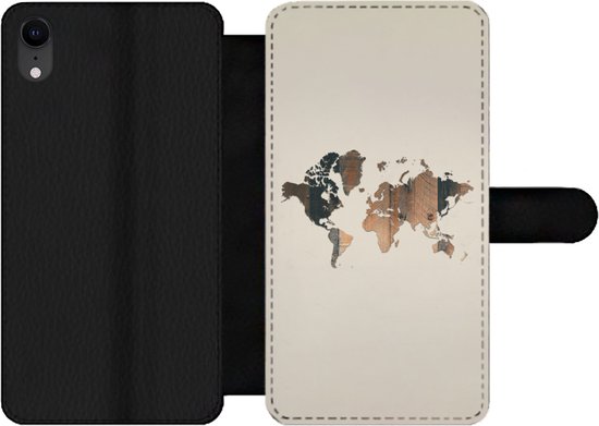 Étui pour téléphone iPhone XR Bookcase - Carte du Wereldkaart - Bois - Étagère - Avec compartiments - Étui portefeuille avec fermeture magnétique