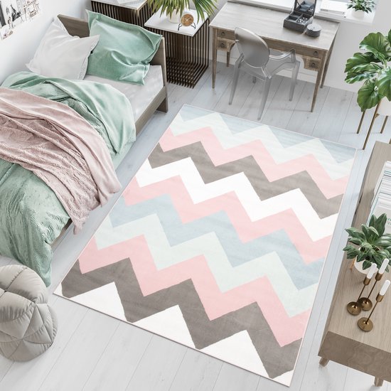 Tapiso Baby Vloerkleed Grijs Roze Blauw Zigzag Kinderkamer Tapijt Maat- 180x250