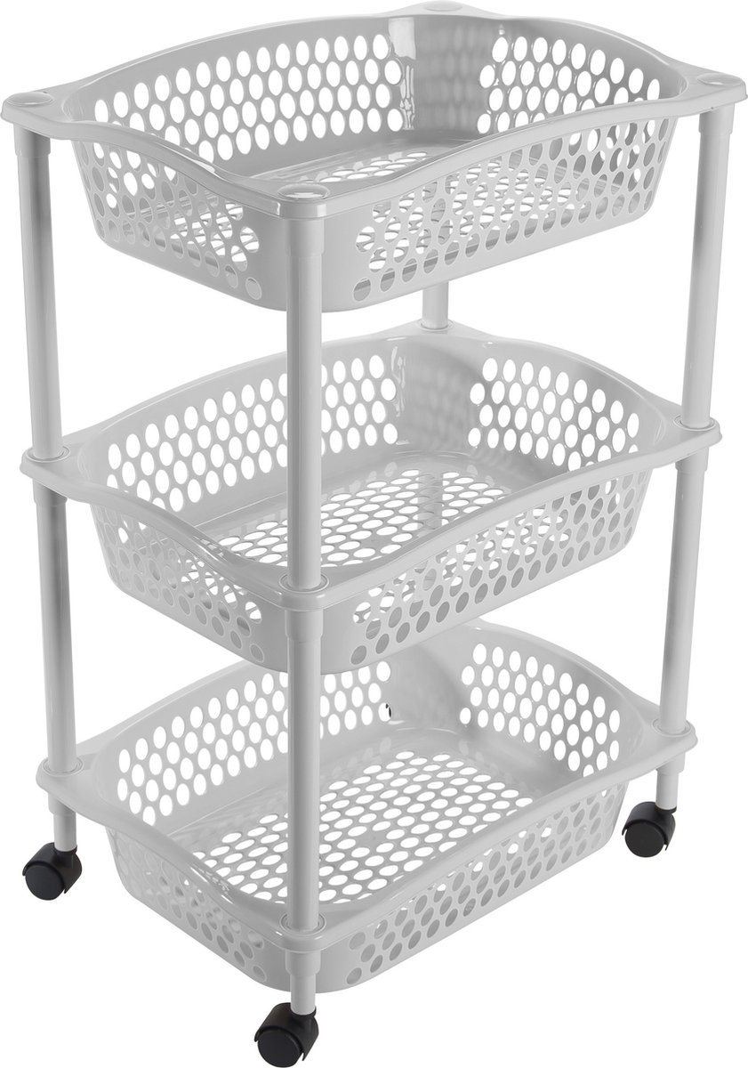 Keuken/kamer opberg trolleys/roltafels met 3 manden 62 x 41 cm lichtgrijs - Etagewagentje met opbergkratten